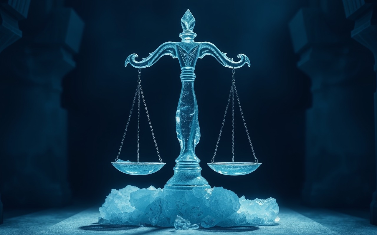 Bilancia a due piatti scolpita nel ghiaccio, in equilibrio perfetto, appoggiata su blocchi di ghiaccio spezzato in una sala buia illuminata di blu