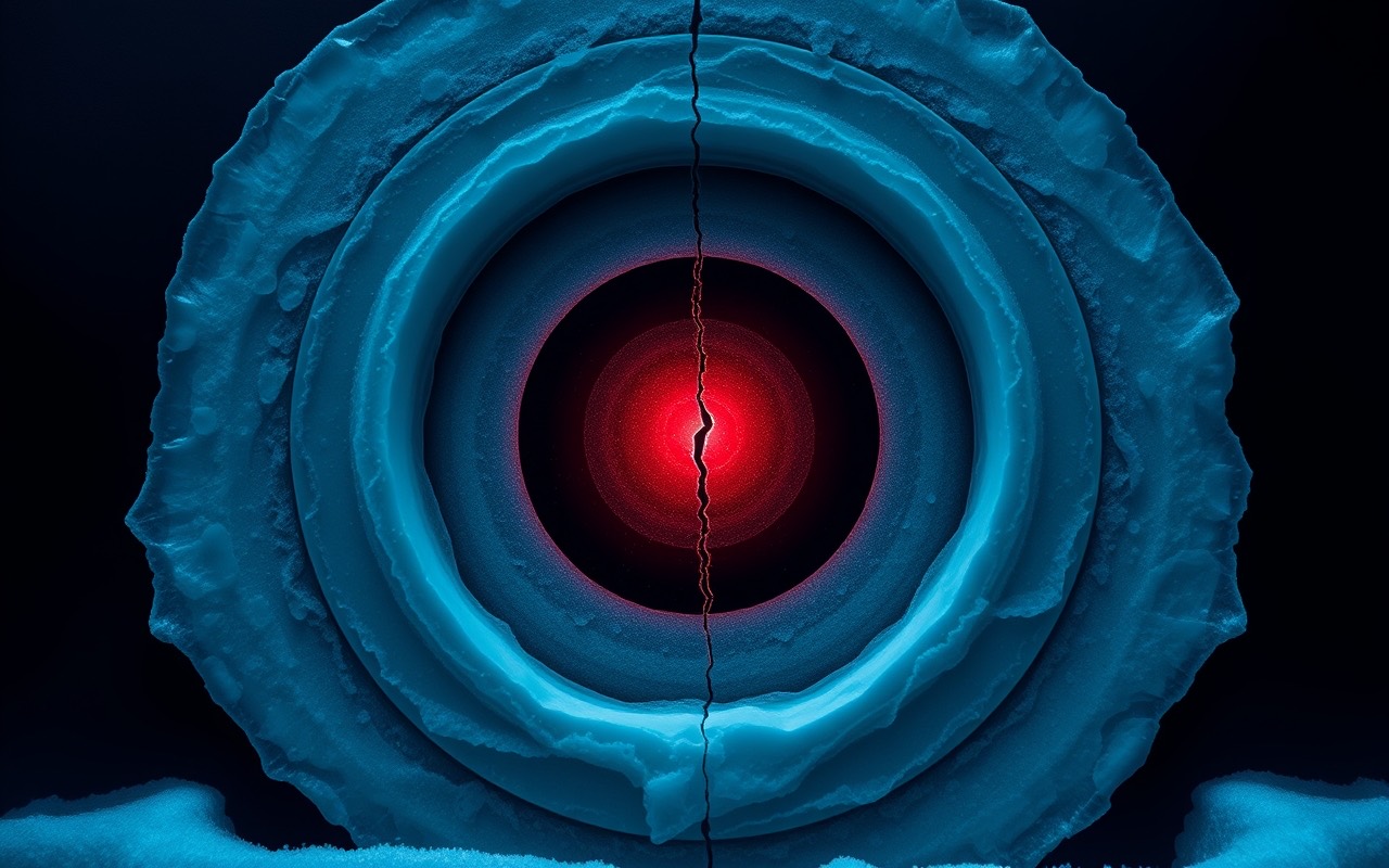 Disco di ghiaccio a strati concentrici con un nucleo rosso incandescente al centro, spaccato da una crepa verticale