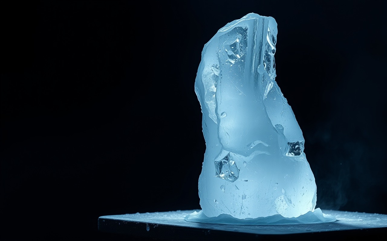Una scultura di ghiaccio lavorata a metà, con i segni dello scalpello ancora visibili