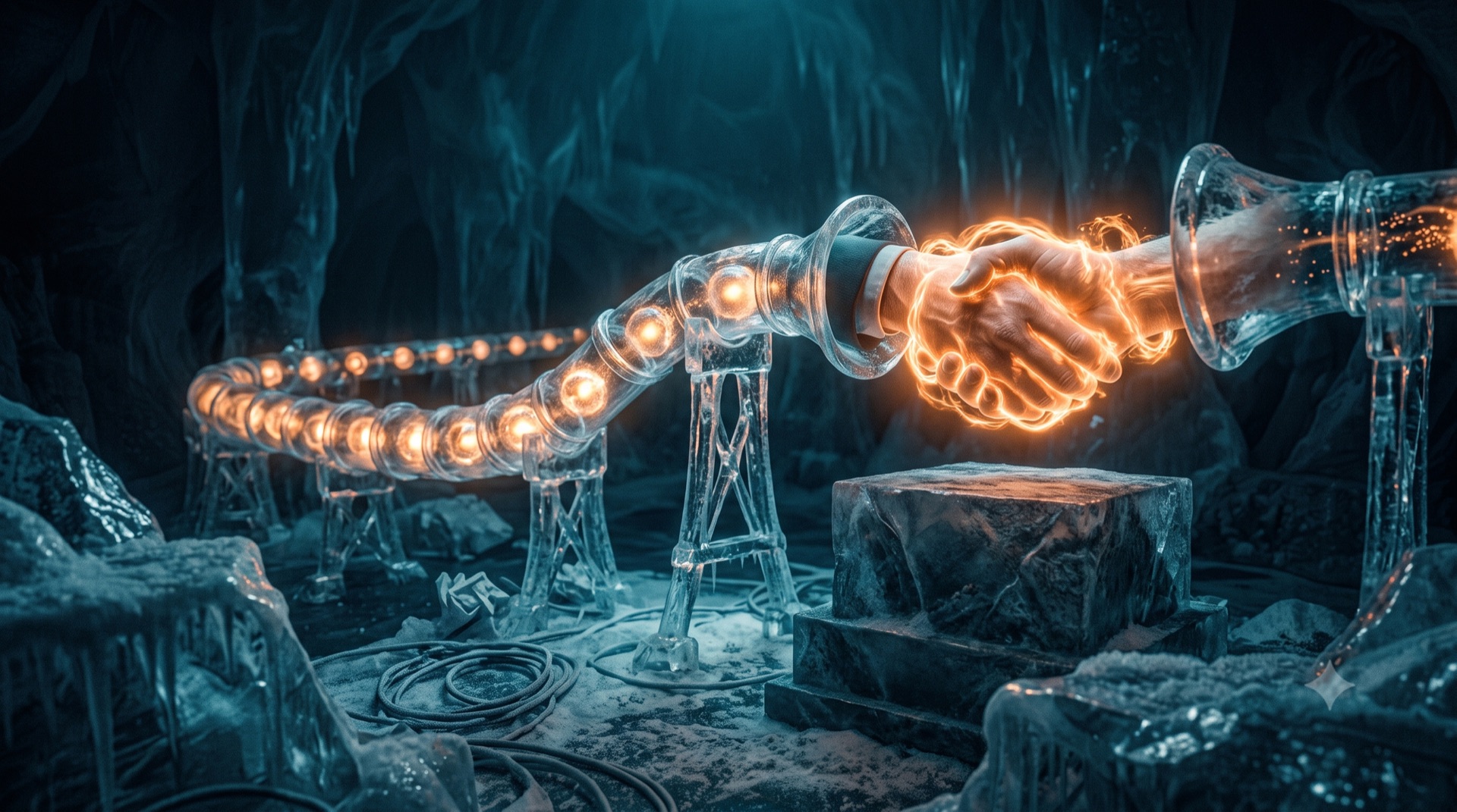 Una pipeline di ghiaccio con sfere di luce calda che finiscono in una stretta di mano