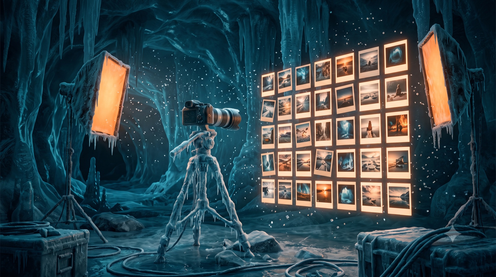 Uno studio fotografico dentro una grotta di ghiaccio con una parete di scatti illuminati